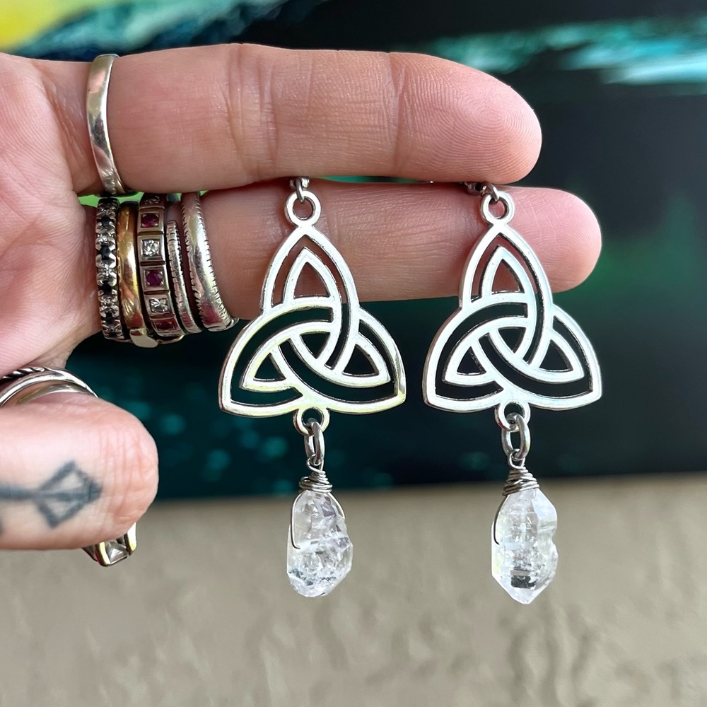 Herkimer diamonds celtic knot triangle earrings stainless steel post crystals